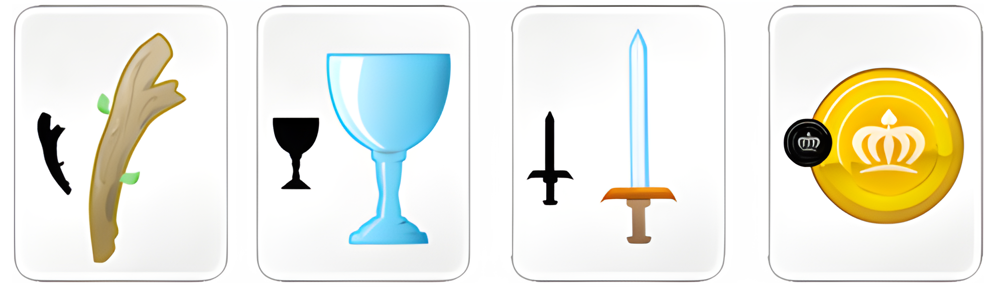 Os quatro naipes do baralho espanhol — Paus, Copas, Espadas, Ouros