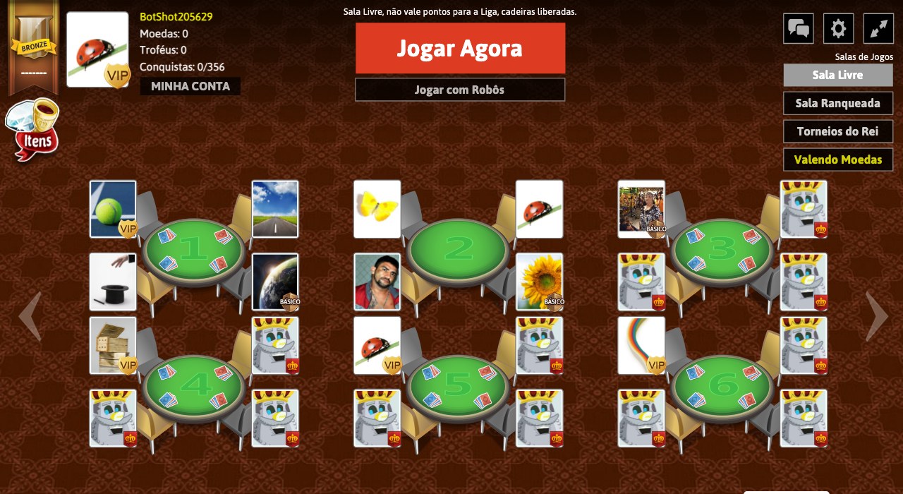 Lobby de buraco online no Jogos do Rei mostrando 6 mesas, abas Sala Livre/Ranqueada/Torneios e botão Jogar Agora
