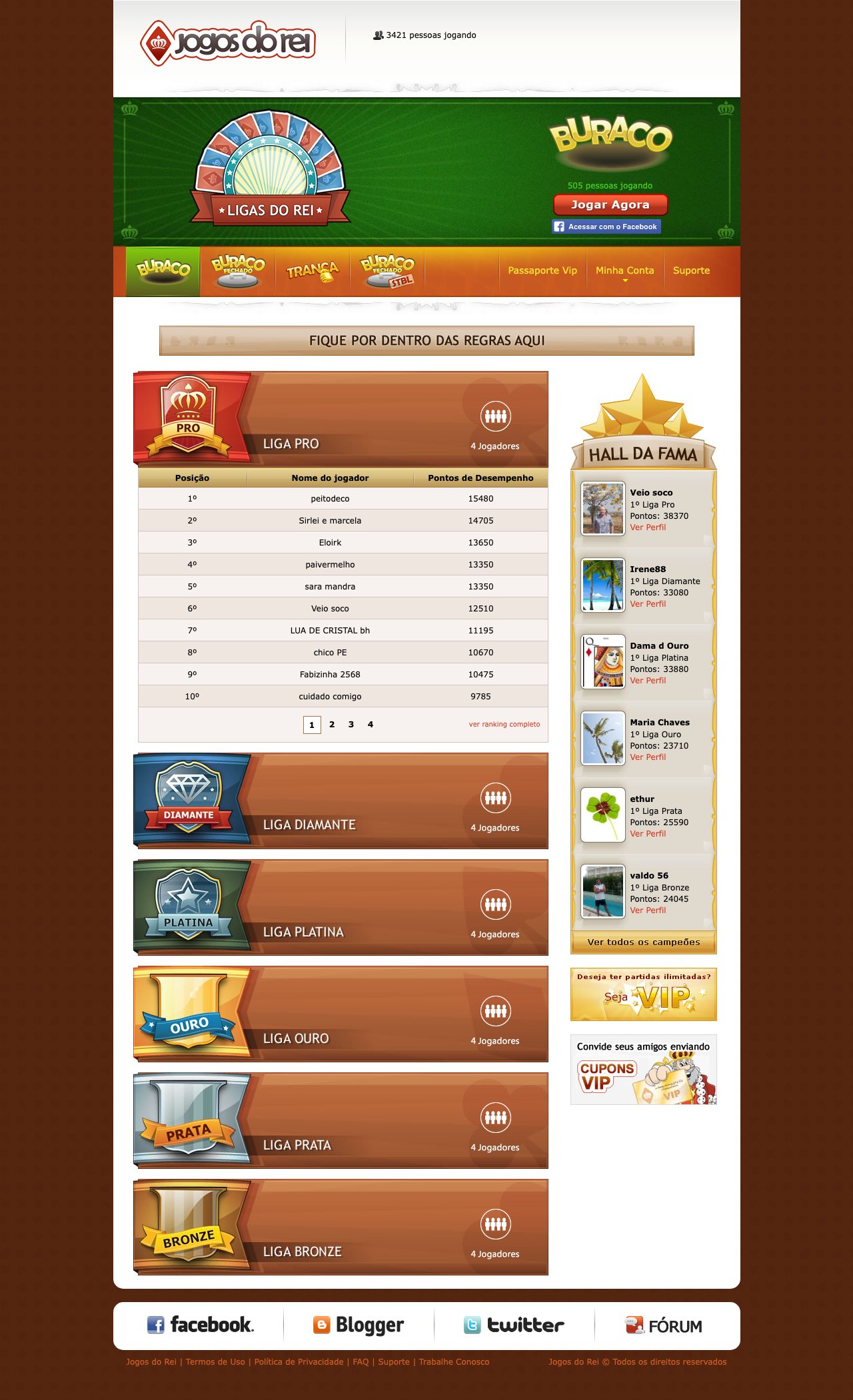 Página de Ligas do Rei do Jogos do Rei com Liga Pro, Diamante, Platina, Ouro, Prata, Bronze e Hall da Fama do buraco