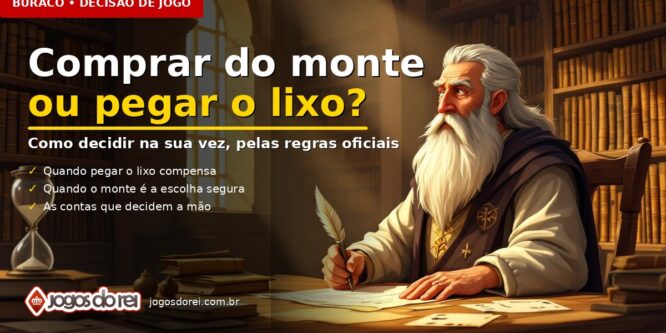 Ilustração de mesa de Buraco com a pergunta: comprar do monte ou pegar o lixo?
